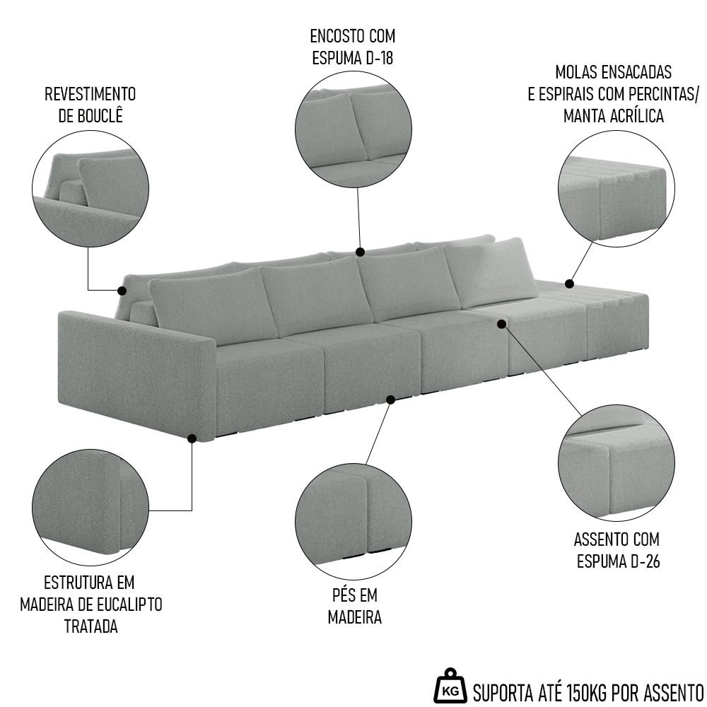 Sofá Ilha Modular com Puff para Sala Living 392cm Georgia K04 Bouclê Cinza - Mpozenato