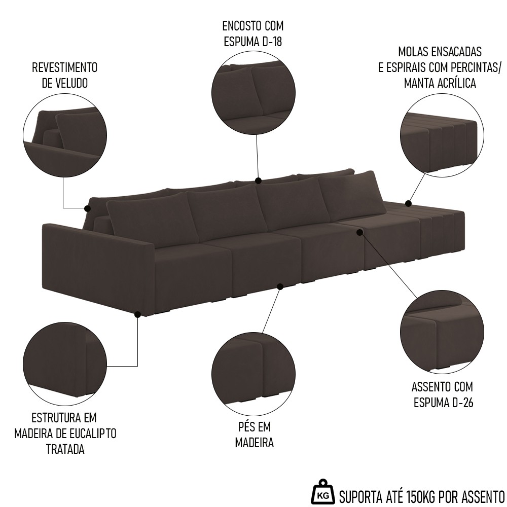 Sofá Ilha Modular com Puff para Sala Living 392cm Georgia K04 Veludo Marrom - Mpozenato