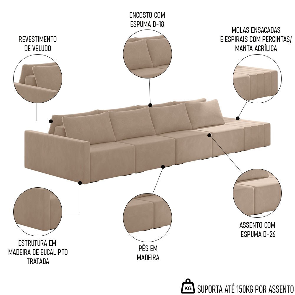 Sofá Ilha Modular com Puff para Sala Living 432cm Georgia K04 Veludo Bege - Mpozenato