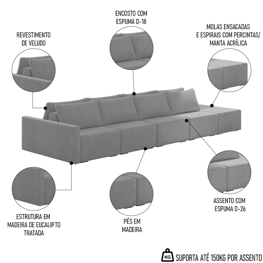 Sofá Ilha Modular com Puff para Sala Living 432cm Georgia K04 Veludo Cinza - Mpozenato