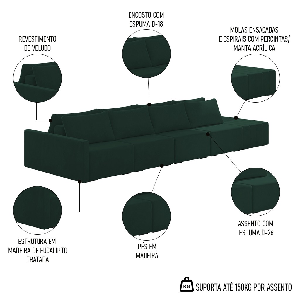 Sofá Ilha Modular com Puff para Sala Living 432cm Georgia K04 Veludo Verde - Mpozenato