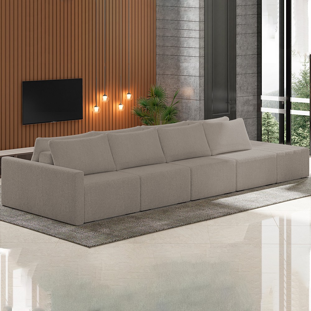 Sofá Ilha Modular com Puff para Sala Living 432cm Georgia Z08 Boucle Bege Escuro - Mpozenato