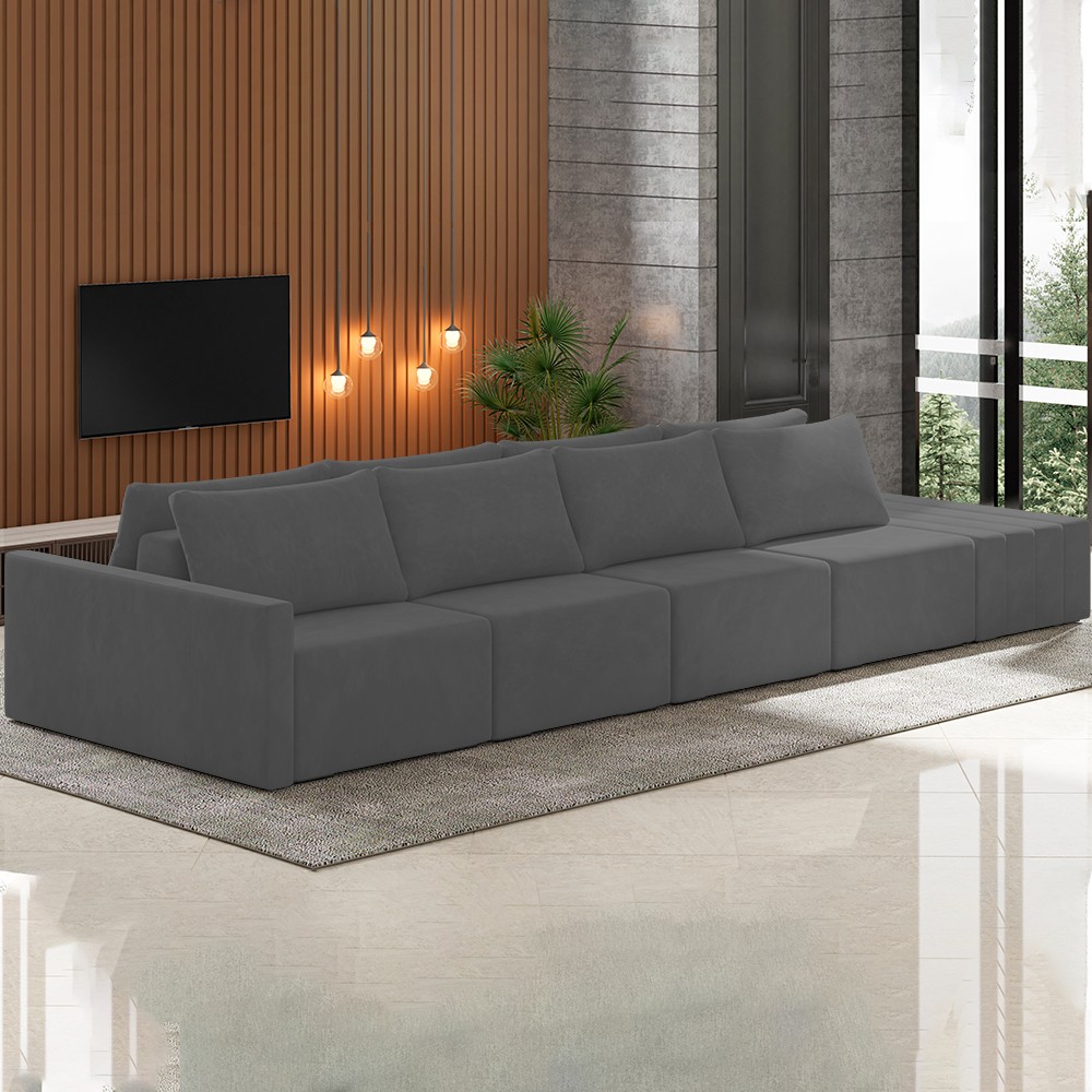 Sofá Ilha Modular com Puff para Sala Living 432cm Georgia Z08 Veludo Cinza Escuro - Mpozenato