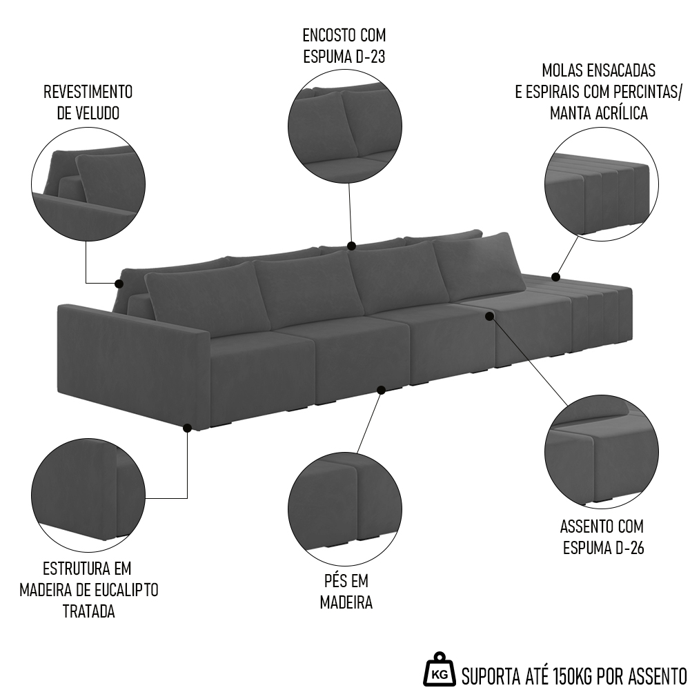 Sofá Ilha Modular com Puff para Sala Living 432cm Georgia Z08 Veludo Cinza Escuro - Mpozenato