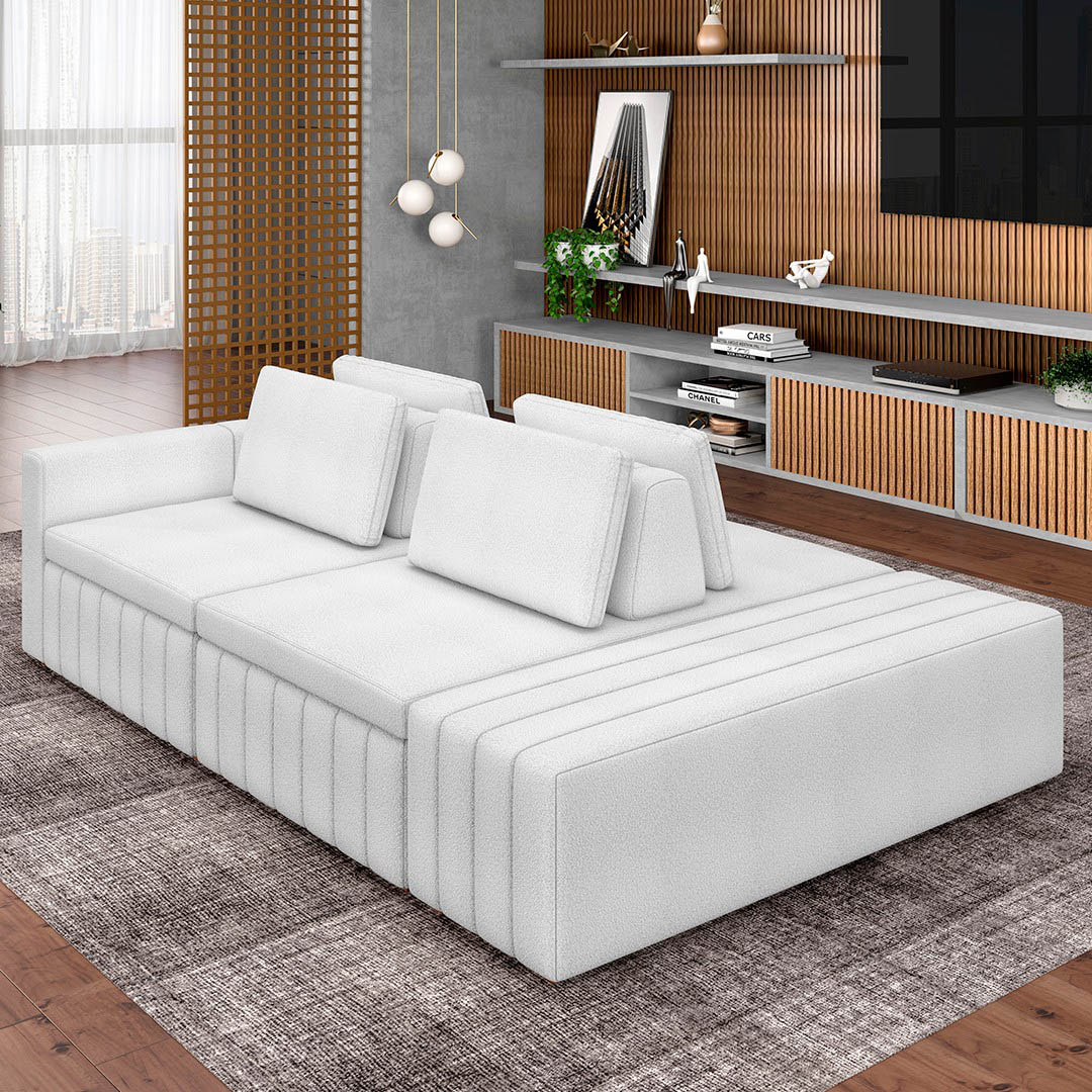 Sofá Ilha e Puff Sala Living 245cm Siesta M22 Bouclê Branco - Mpozenato