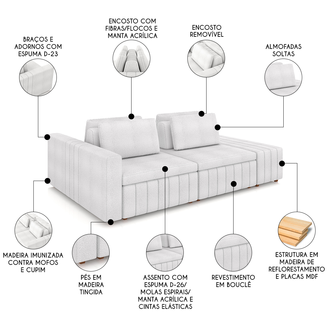 Sofá Ilha e Puff Sala Living 245cm Siesta M22 Bouclê Branco - Mpozenato