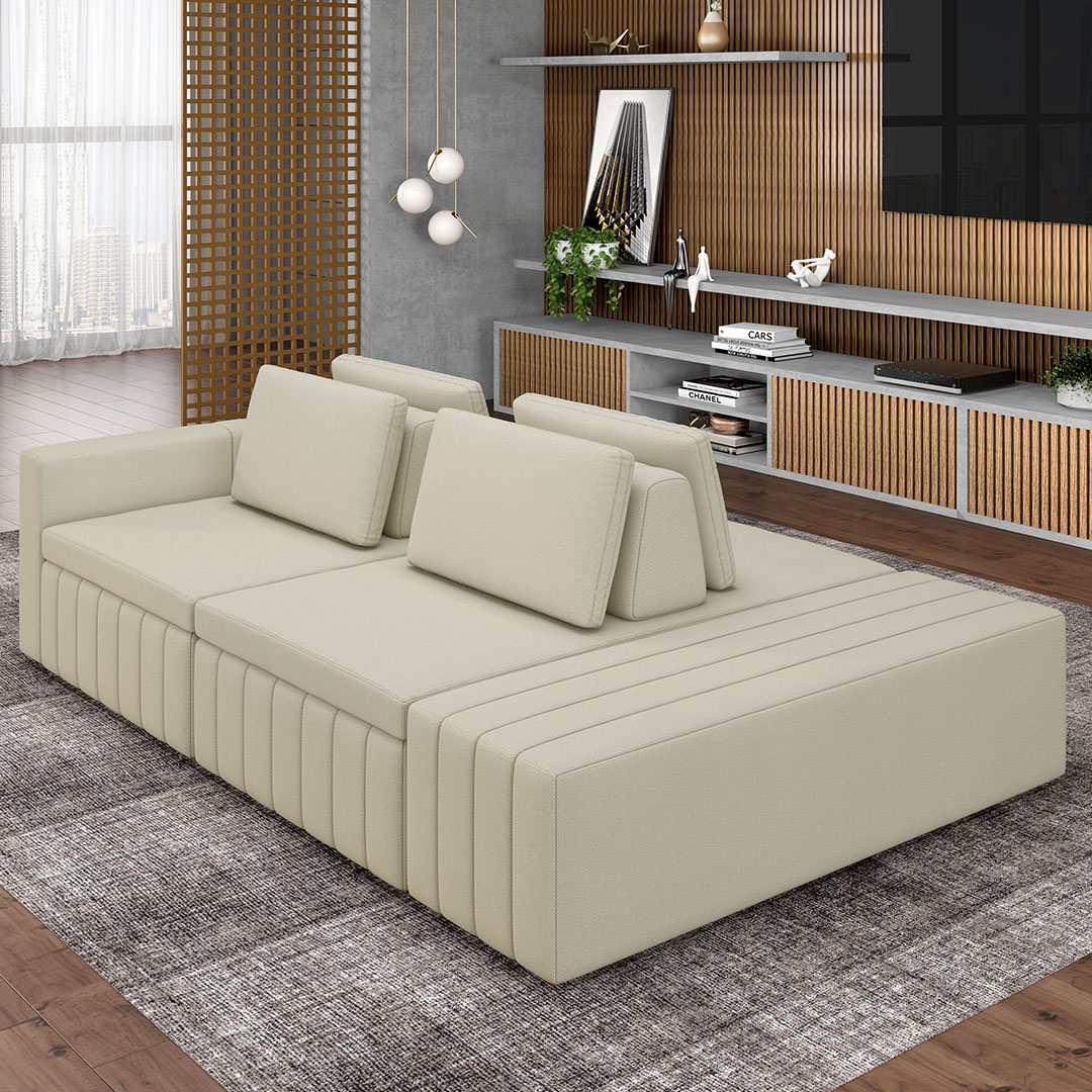 Sofá Ilha e Puff Sala Living 285cm Siesta M22 Linho Areia    - Mpozenato