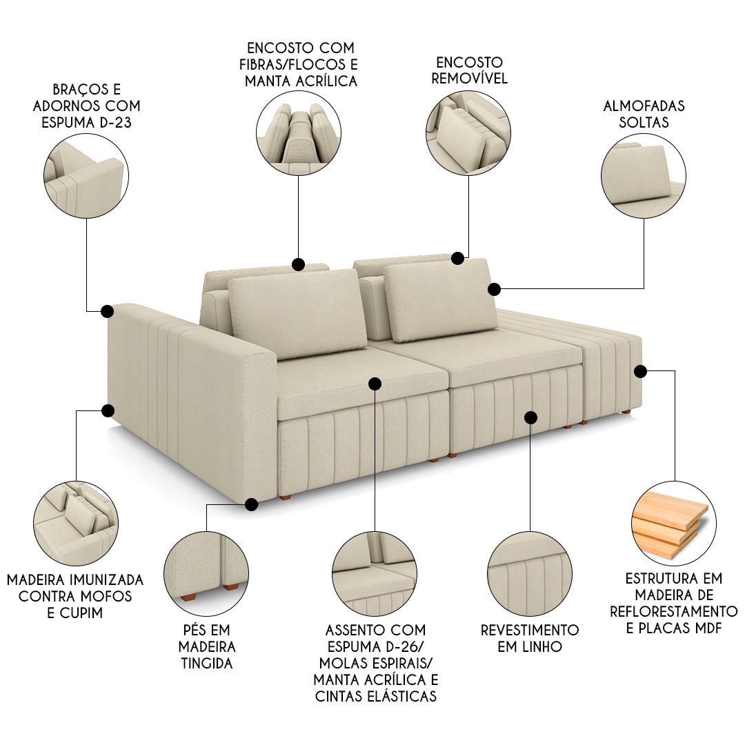 Sofá Ilha e Puff Sala Living 285cm Siesta M22 Linho Areia    - Mpozenato