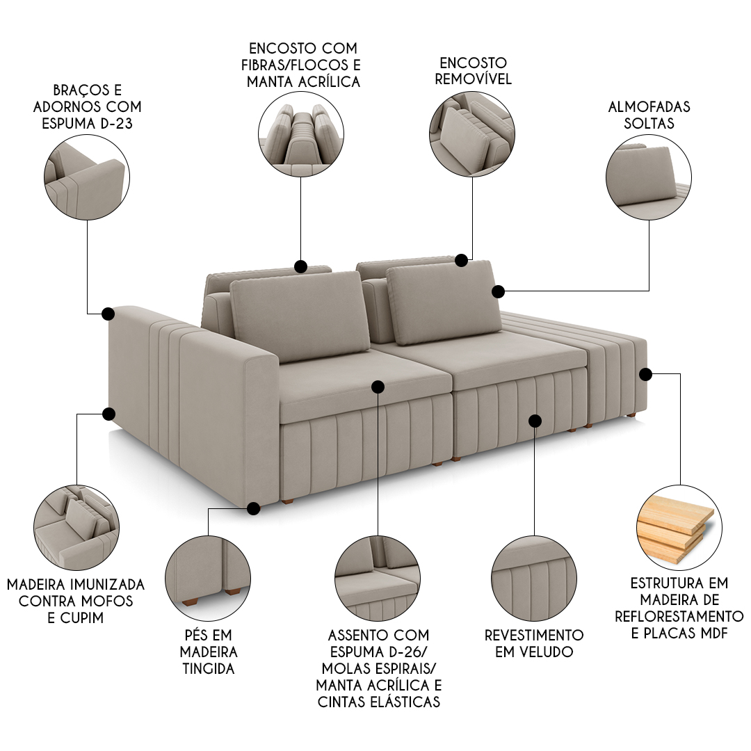 Sofá Ilha e Puff Sala Living 285cm Siesta M22 Veludo Bege  - Mpozenato