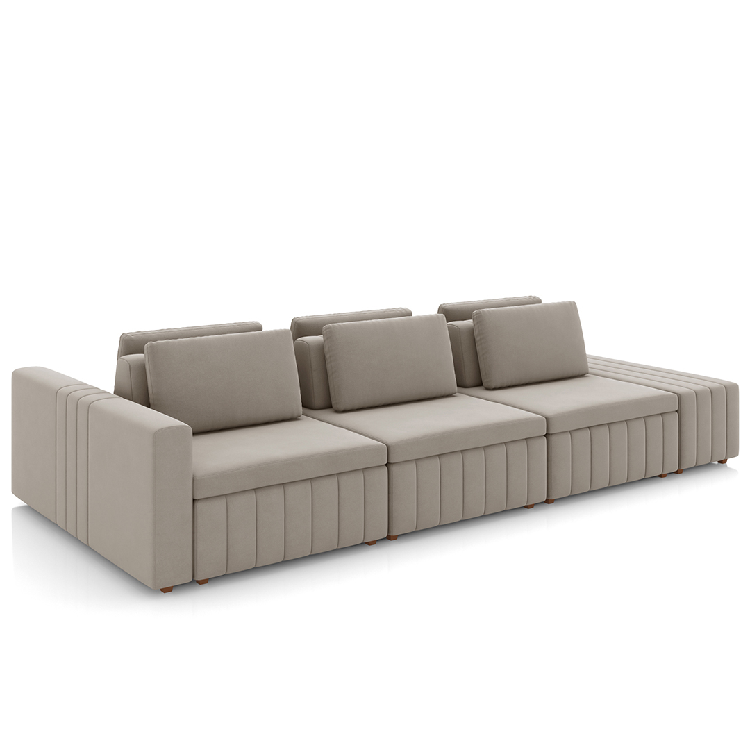 Sofá Ilha e Puff Sala Living 335cm Siesta M22 Veludo Bege  - Mpozenato