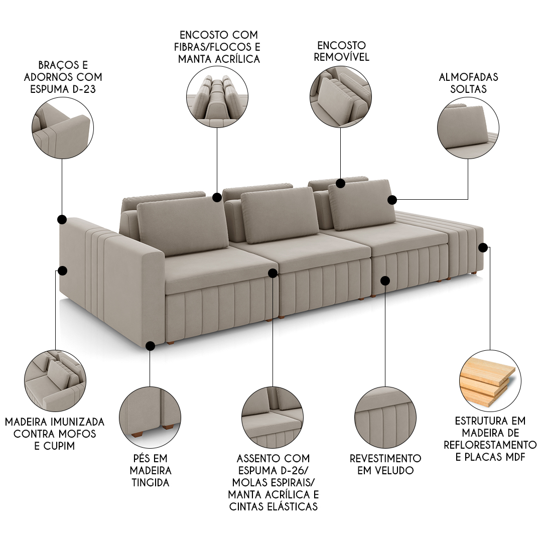 Sofá Ilha e Puff Sala Living 335cm Siesta M22 Veludo Bege  - Mpozenato