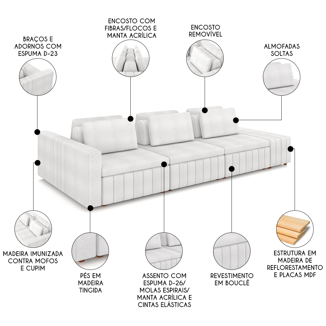 Sofá Ilha e Puff Sala Living 365cm Siesta M22 Bouclê Branco - Mpozenato