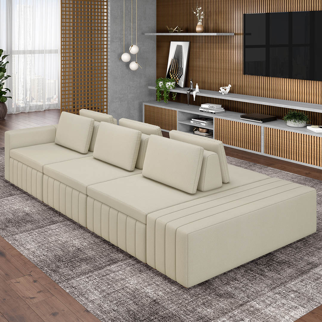 Sofá Ilha e Puff Sala Living 395cm Siesta M22 Linho Areia    - Mpozenato