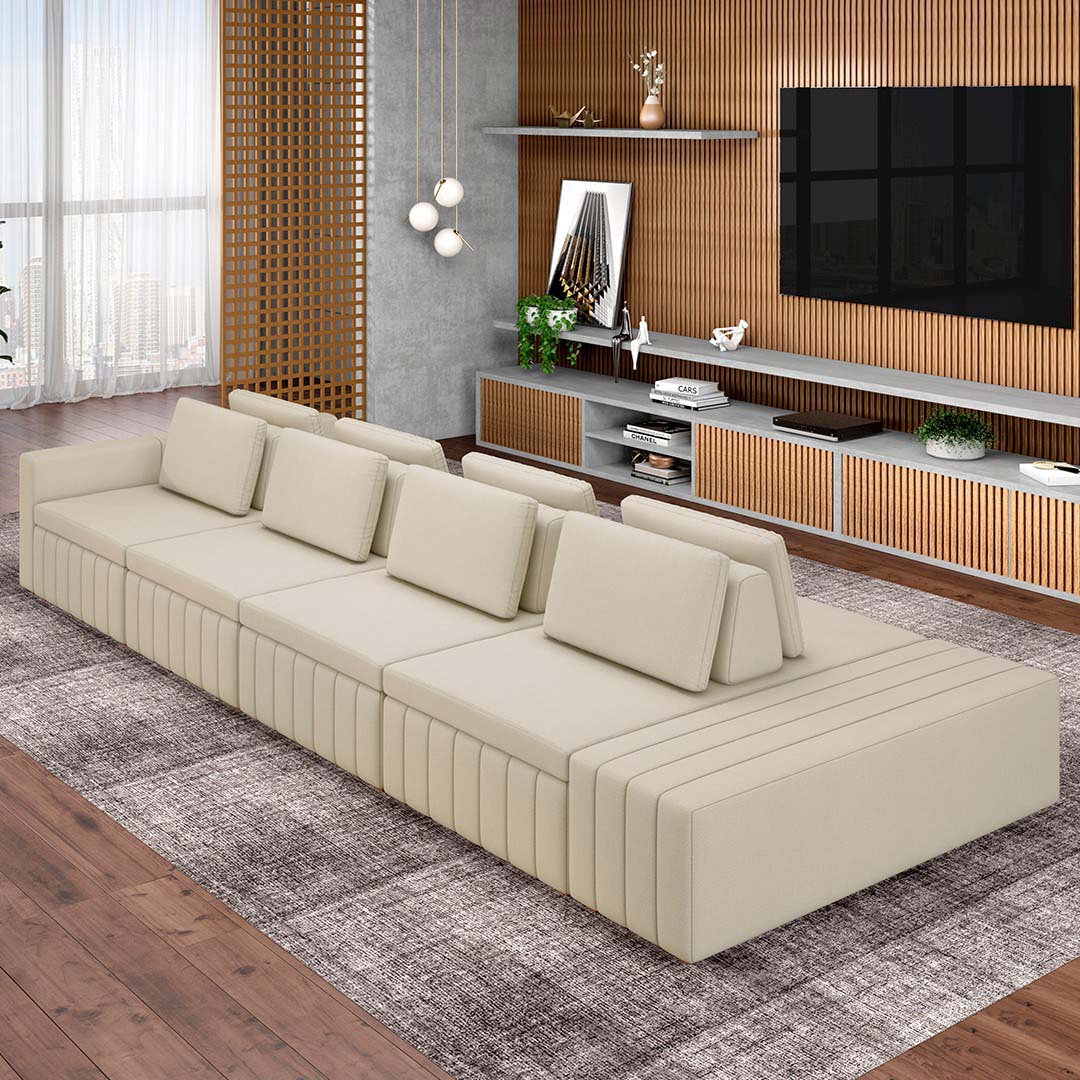 Sofá Ilha e Puff Sala Living 465cm Siesta M22 Linho Areia    - Mpozenato