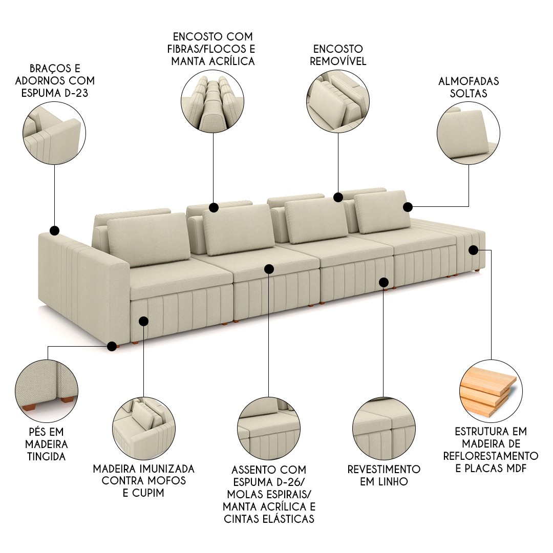 Sofá Ilha e Puff Sala Living 465cm Siesta M22 Linho Areia    - Mpozenato
