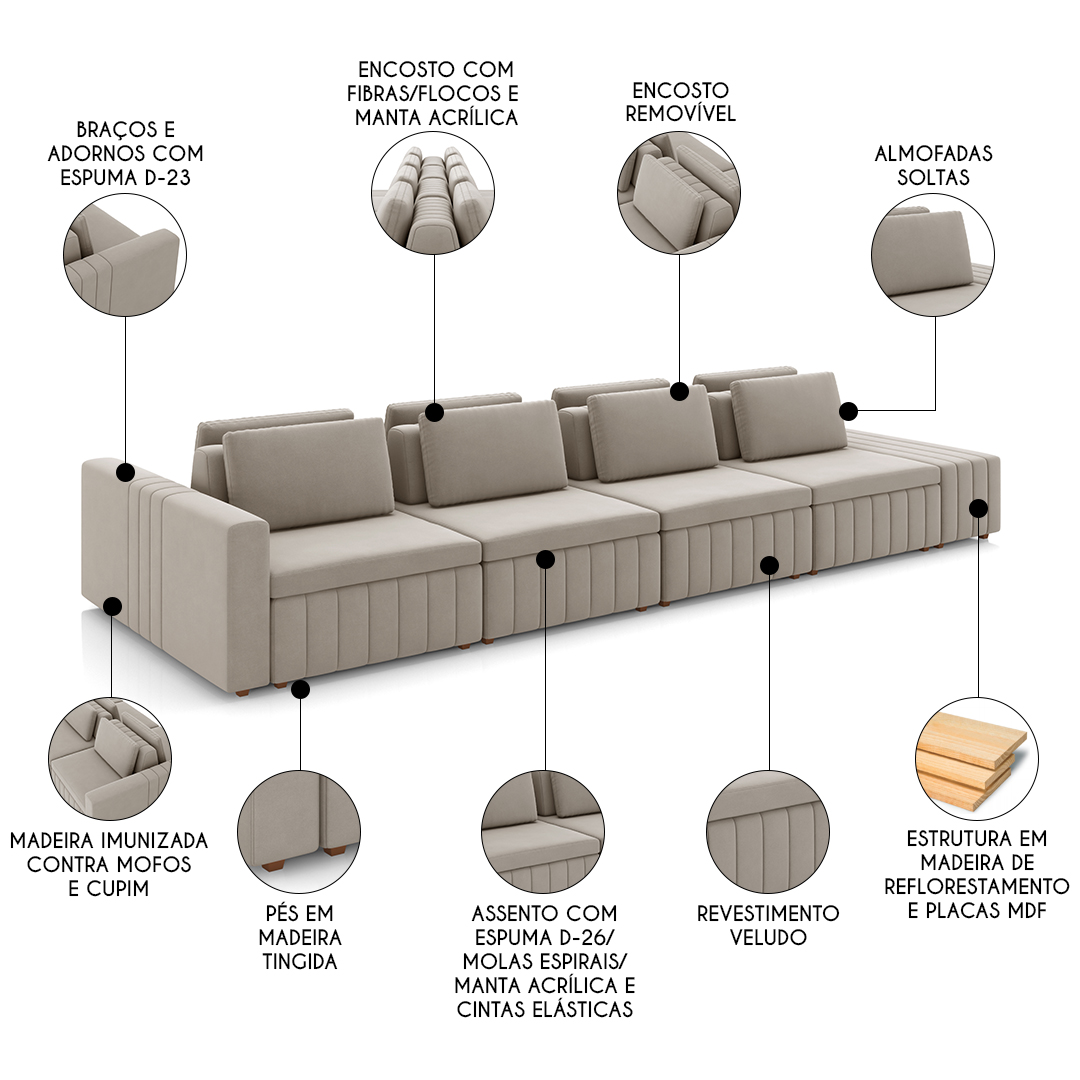 Sofá Ilha e Puff Sala Living 505cm Siesta M22 Veludo Bege  - Mpozenato