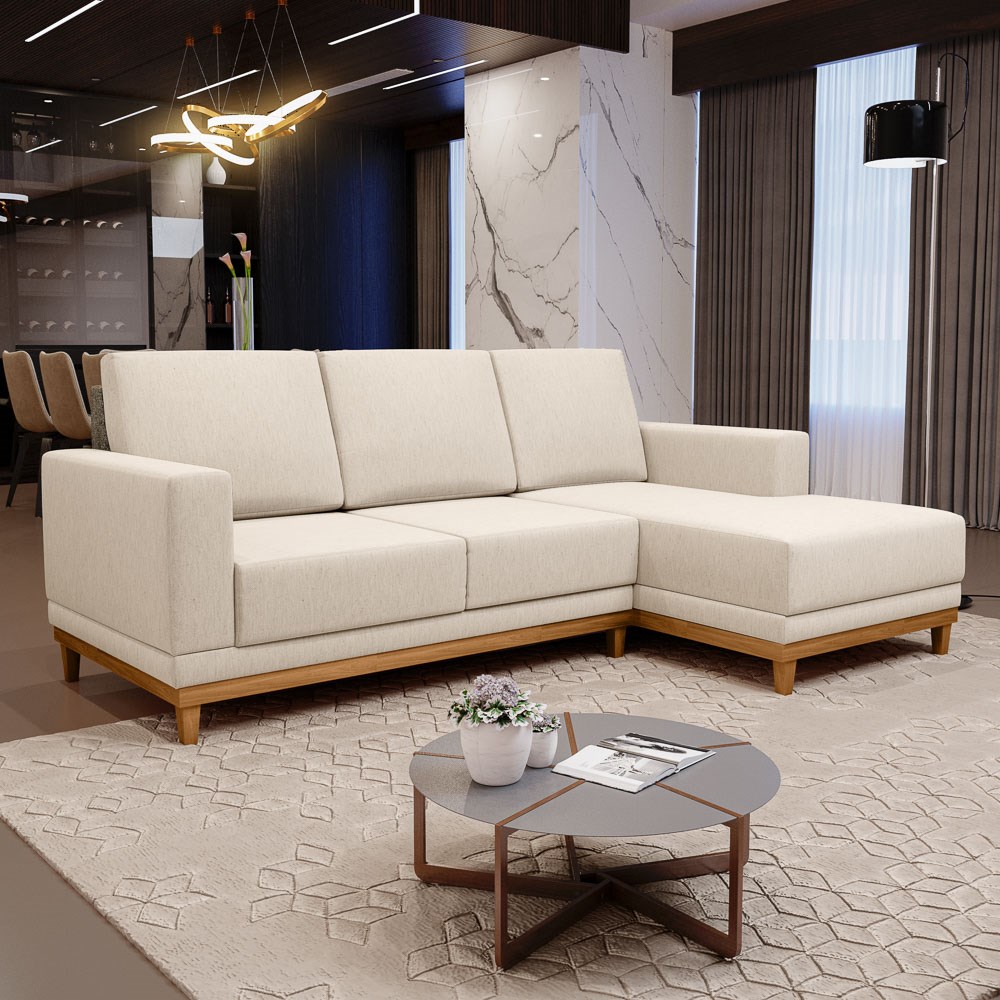 Sofá Kayrós 200cm 3 Lugares Com Chaise Esquerdo D05 Linho Bege - Mpozenato