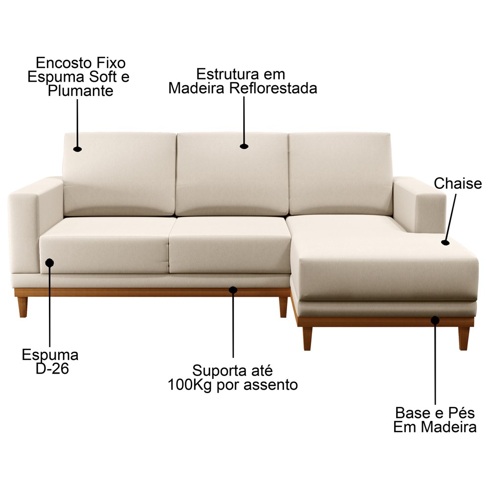 Sofá Kayrós 200cm 3 Lugares Com Chaise Esquerdo D05 Linho Bege - Mpozenato