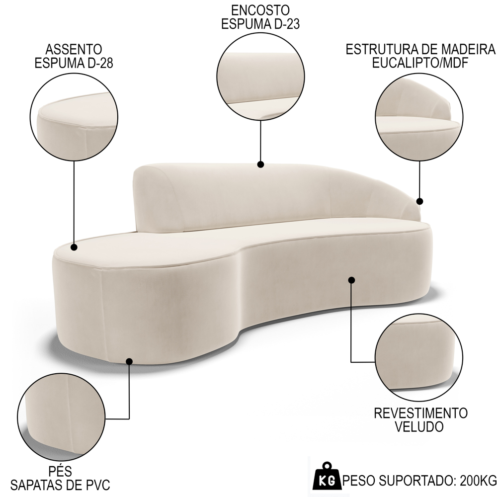 Sofá Living  2 Lugares 180cm Braço Direito Mozart D06 Veludo Bege - Mpozenato