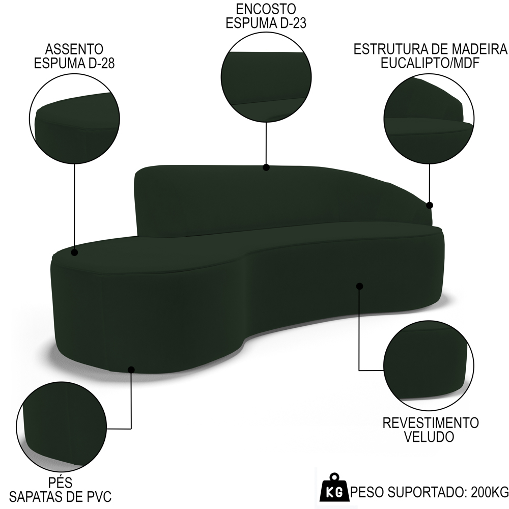 Sofá Living  2 Lugares 180cm Braço Direito Mozart D06 Veludo Verde - Mpozenato