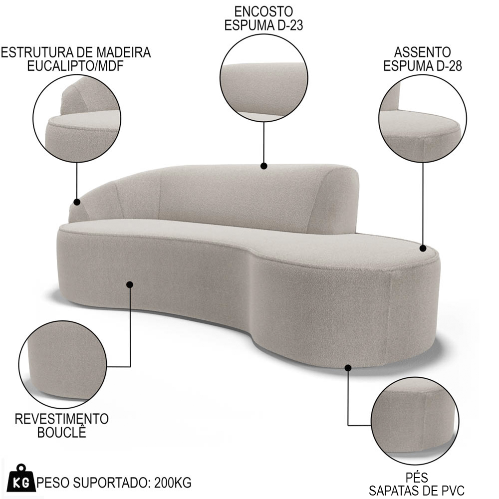 Sofá Living  2 Lugares 180cm Braço Esquerdo Mozart D06 Bouclê Bege - Mpozenato