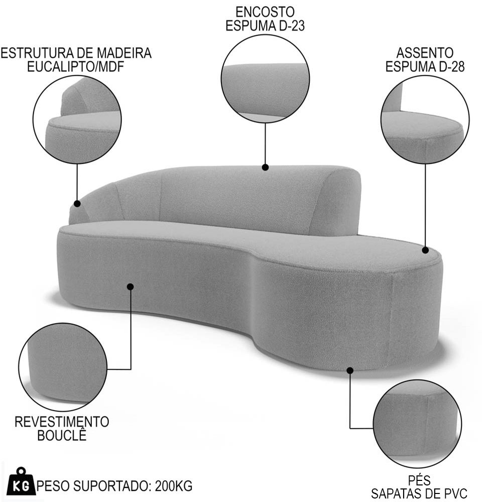Sofá Living  2 Lugares 180cm Braço Esquerdo Mozart D06 Bouclê Cinza - Mpozenato