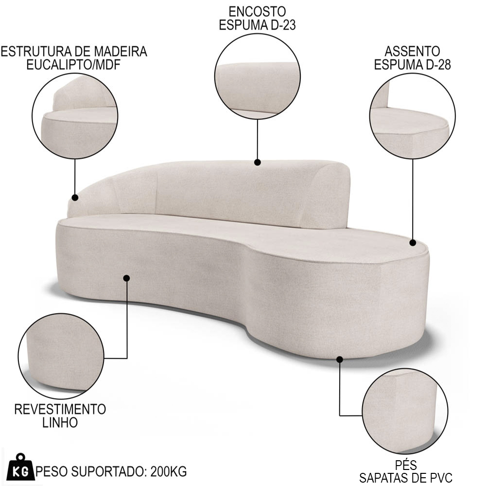 Sofá Living  2 Lugares 180cm Braço Esquerdo Mozart D06 Linho Cru - Mpozenato