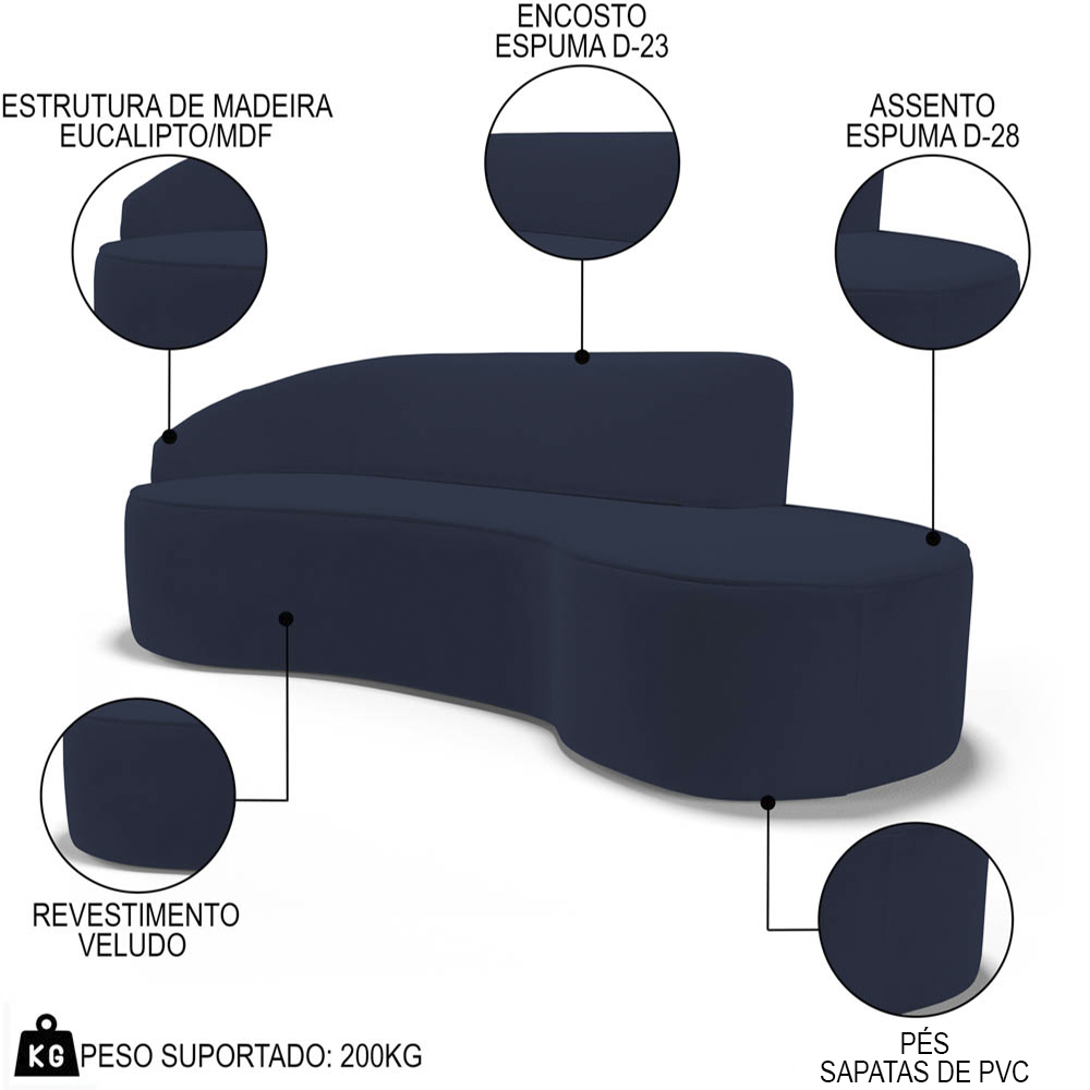 Sofá Living  2 Lugares 180cm Braço Esquerdo Mozart D06 Veludo Azul - Mpozenato