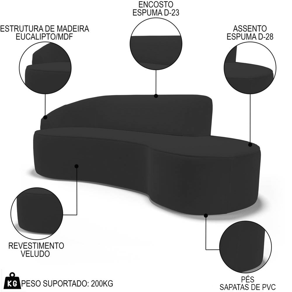 Sofá Living  2 Lugares 180cm Braço Esquerdo Mozart D06 Veludo Preto - Mpozenato