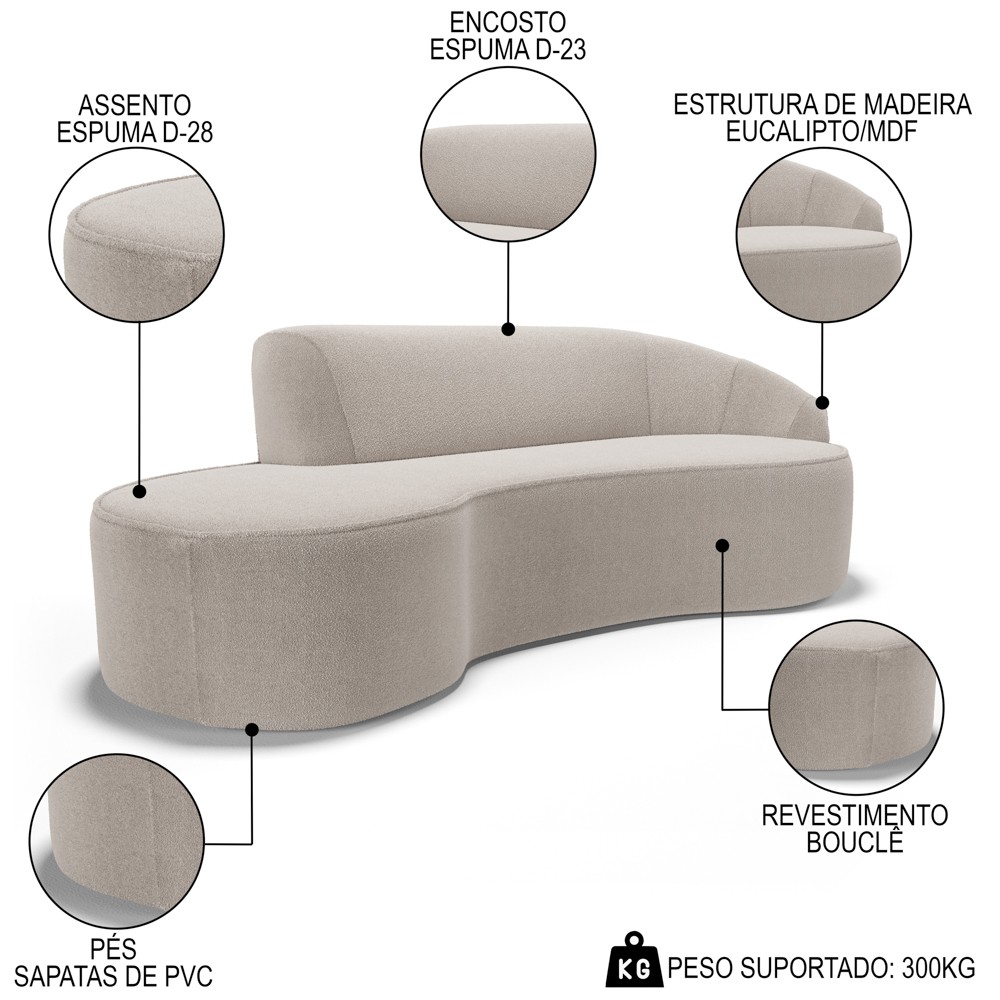 Sofá Living  3 Lugares 210cm Braço Direito Mozart D06 Bouclê Bege - Mpozenato