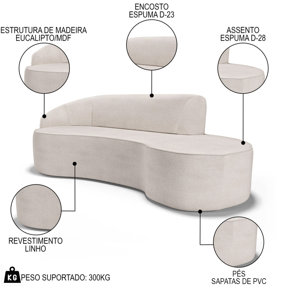 Sofá Living  3 Lugares 210cm Braço Esquerdo Mozart D06 Linho Cru - Mpozenato