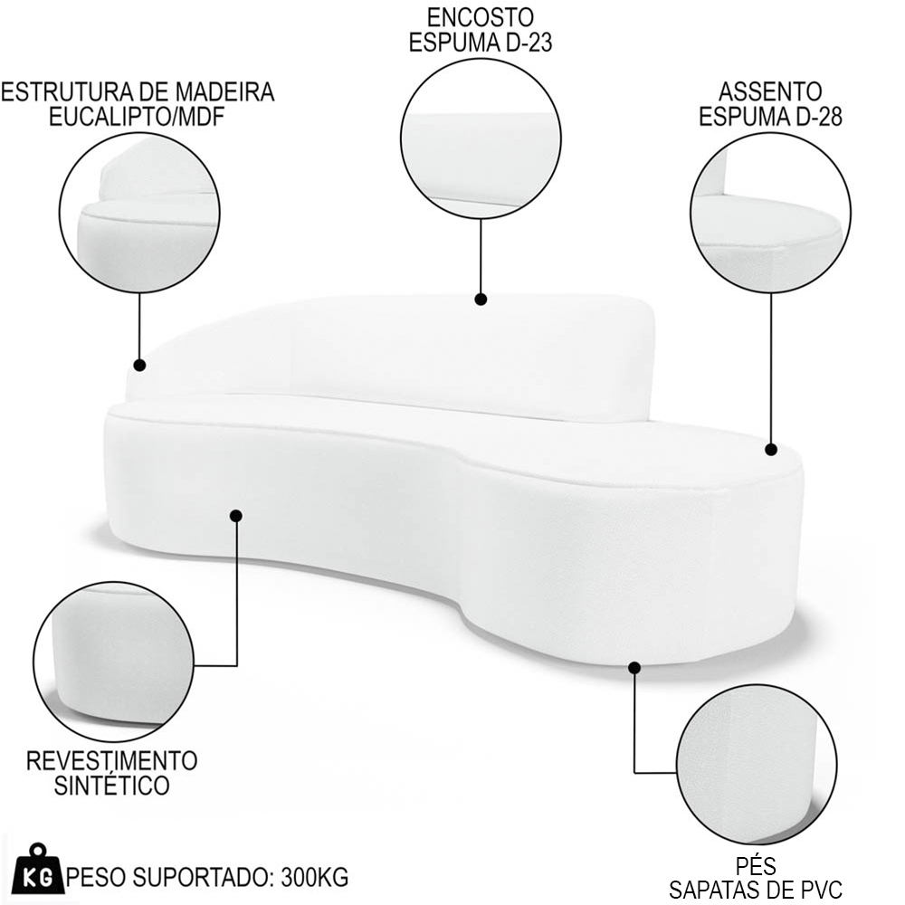 Sofá Living  3 Lugares 210cm Braço Esquerdo Mozart D06 Sintético Branco - Mpozenato