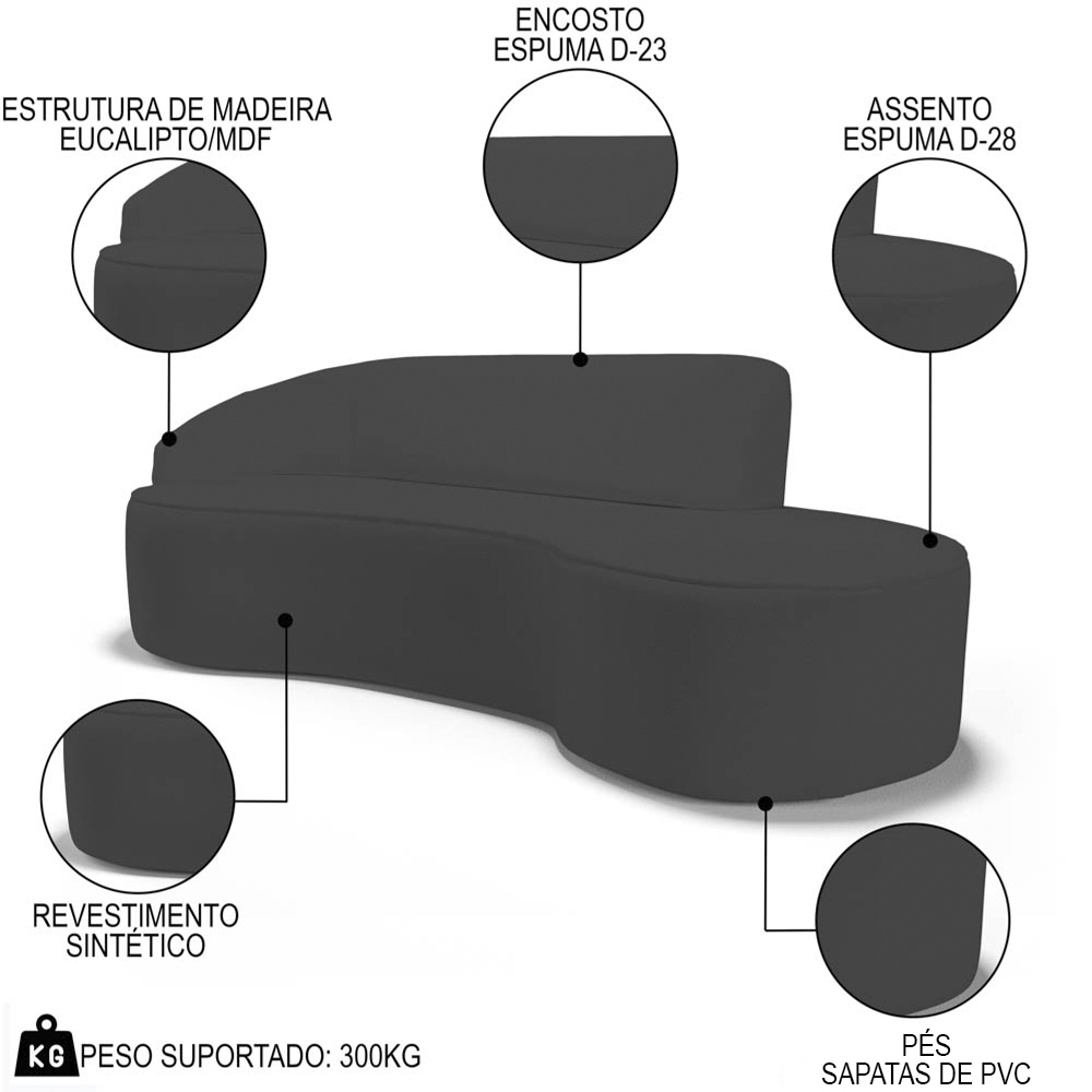 Sofá Living  3 Lugares 210cm Braço Esquerdo Mozart D06 Sintético Cinza - Mpozenato
