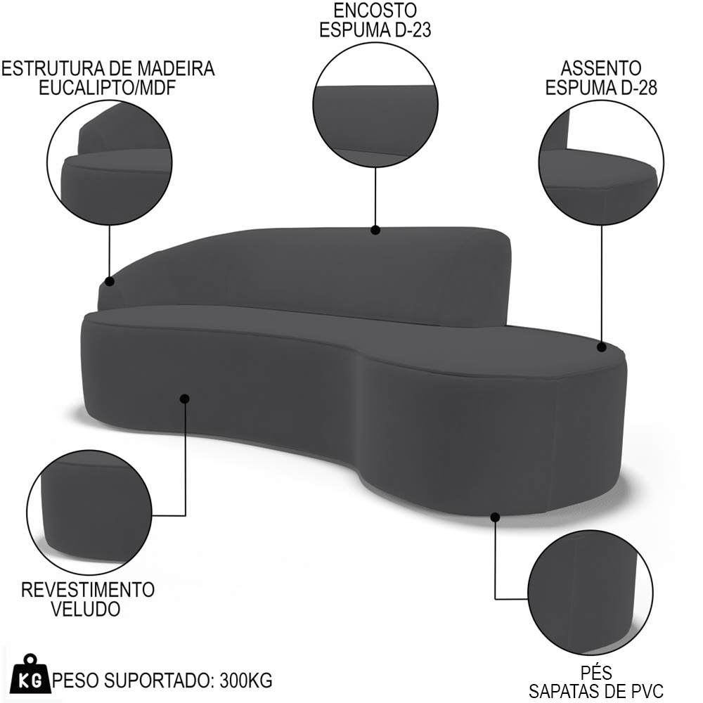 Sofá Living  3 Lugares 210cm Braço Esquerdo Mozart D06 Veludo Cinza - Mpozenato