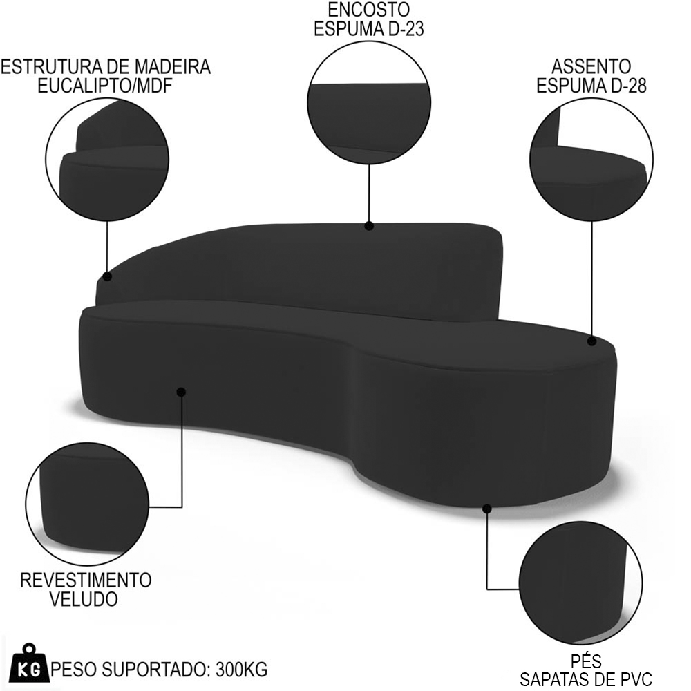 Sofá Living  3 Lugares 210cm Braço Esquerdo Mozart D06 Veludo Preto - Mpozenato