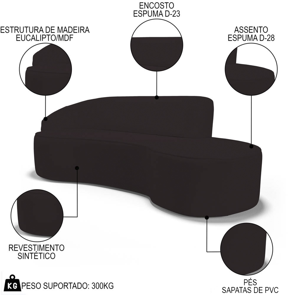 Sofá Living  3 Lugares 230cm Braço Esquerdo Mozart D06 Sintético Marrom - Mpozenato