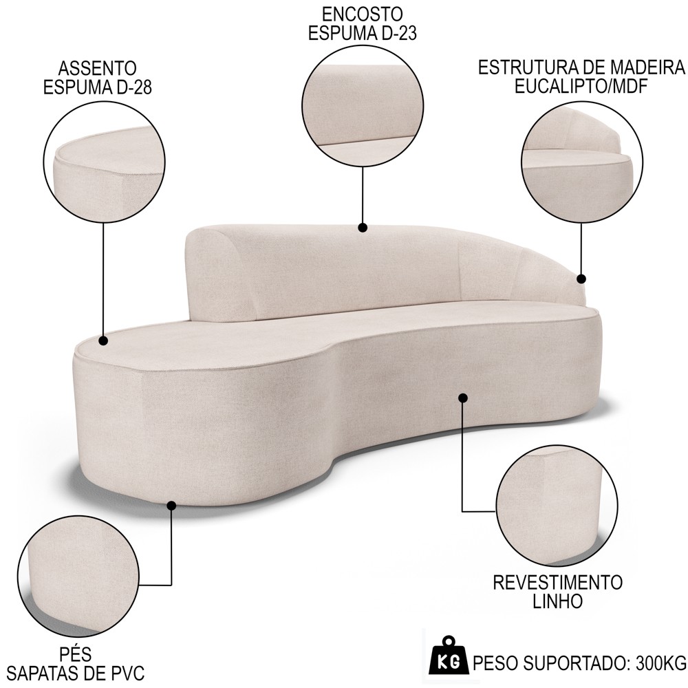 Sofá Living  3 Lugares 260cm Braço Direito Mozart D06 Linho Cru - Mpozenato