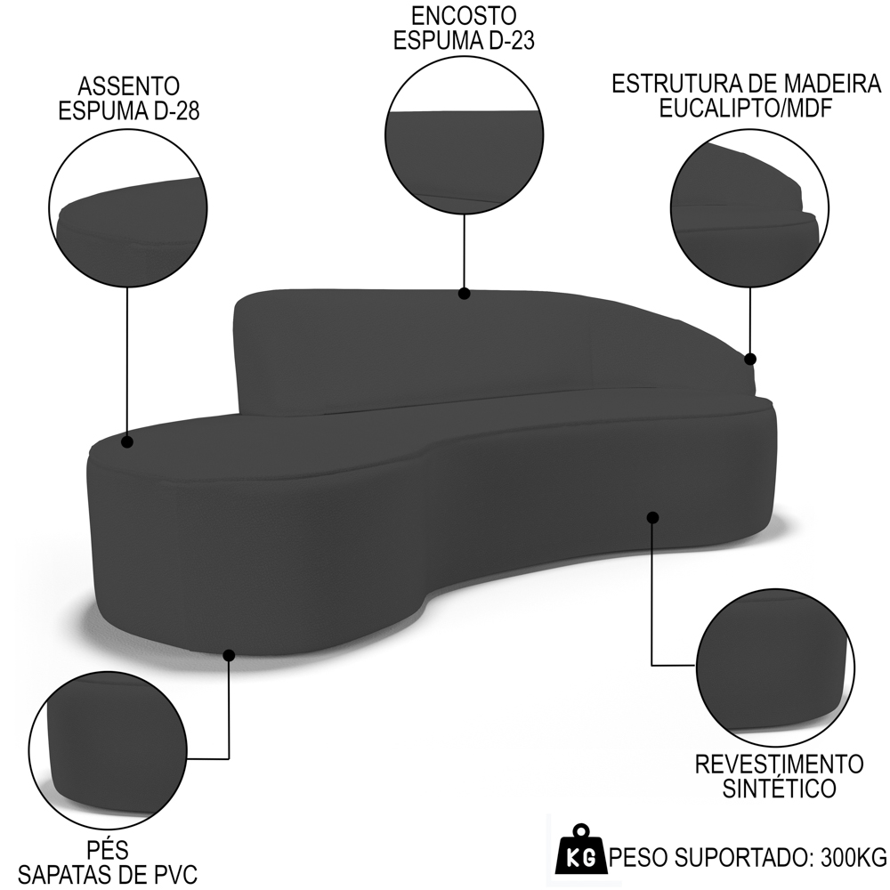 Sofá Living  3 Lugares 260cm Braço Direito Mozart D06 Sintético Cinza - Mpozenato
