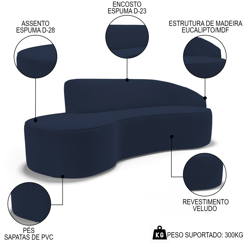 Sofá Living  3 Lugares 260cm Braço Direito Mozart D06 Veludo Azul - Mpozenato