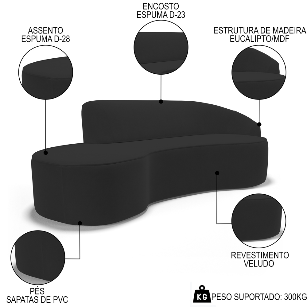 Sofá Living  3 Lugares 260cm Braço Direito Mozart D06 Veludo Preto - Mpozenato