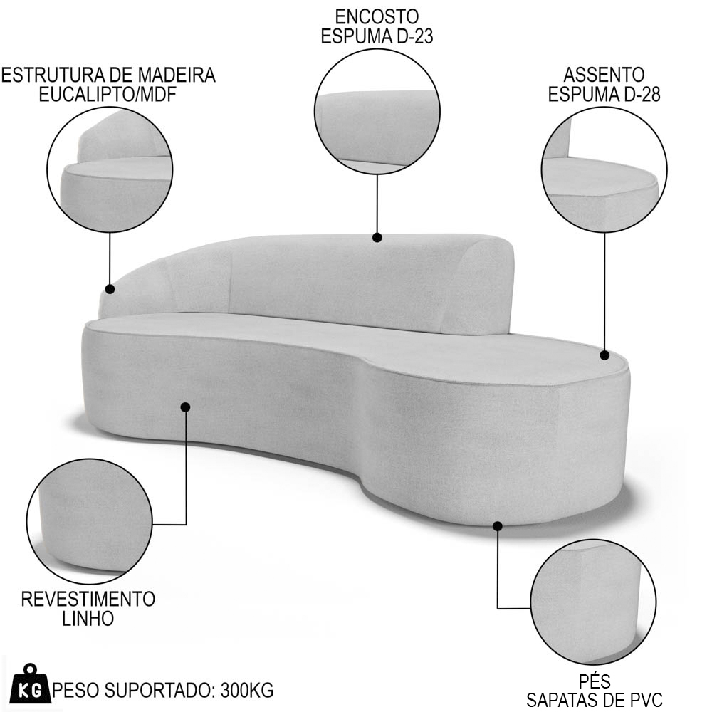 Sofá Living  3 Lugares 260cm Braço Esquerdo Mozart D06 Linho Cinza - Mpozenato