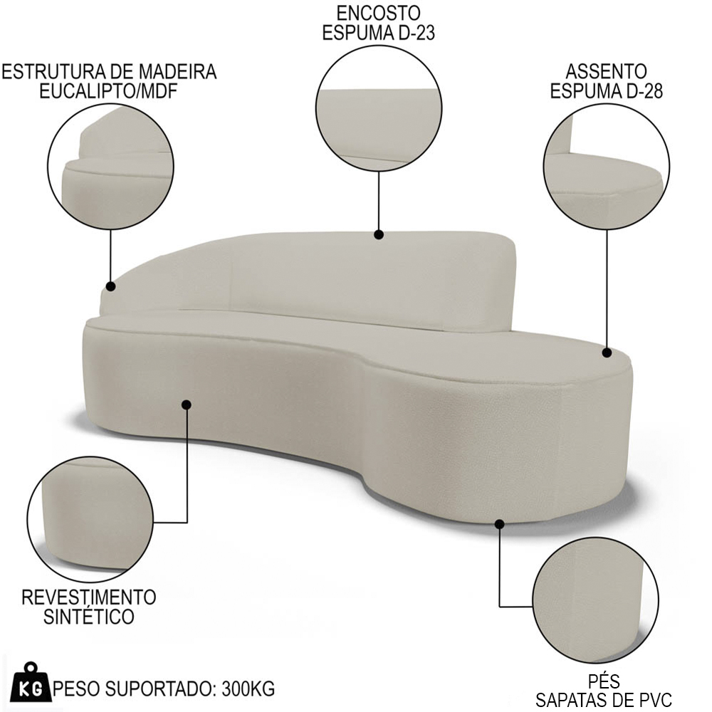 Sofá Living  3 Lugares 260cm Braço Esquerdo Mozart D06 Sintético Bege - Mpozenato