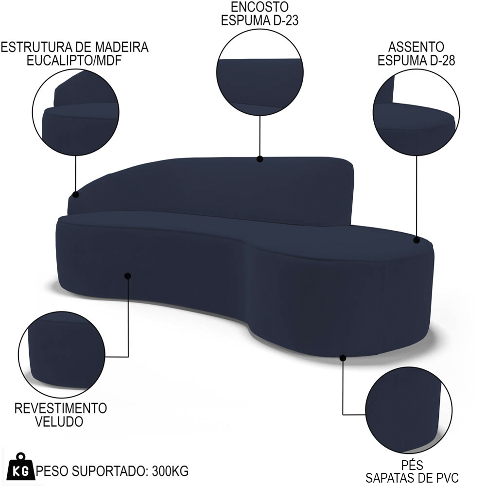 Sofá Living  3 Lugares 260cm Braço Esquerdo Mozart D06 Veludo Azul - Mpozenato