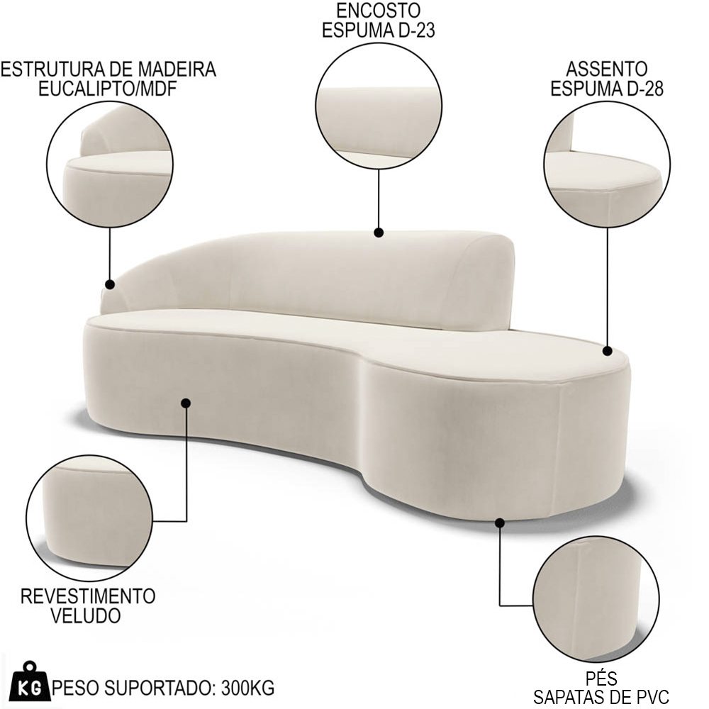 Sofá Living  3 Lugares 260cm Braço Esquerdo Mozart D06 Veludo Bege - Mpozenato