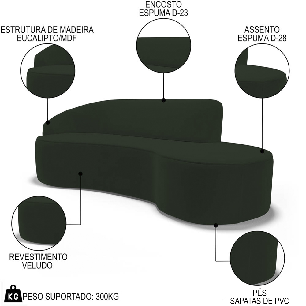 Sofá Living  3 Lugares 260cm Braço Esquerdo Mozart D06 Veludo Verde - Mpozenato
