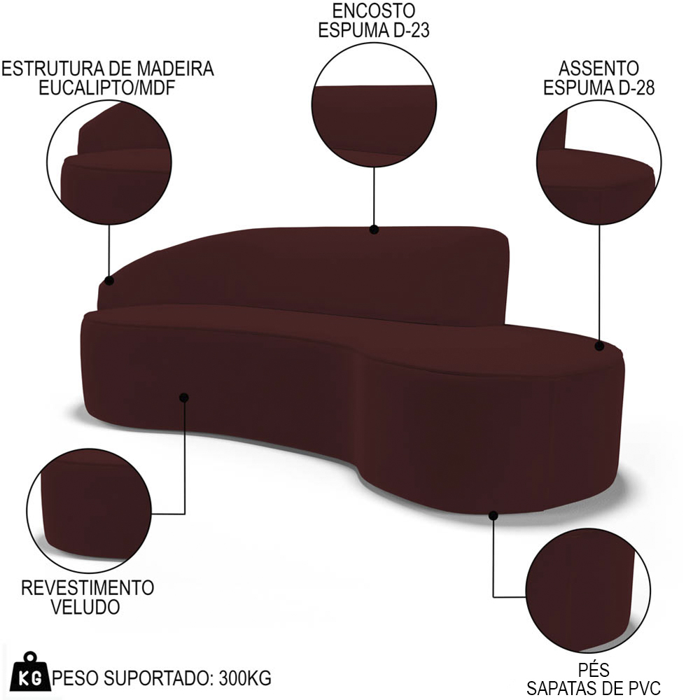 Sofá Living  3 Lugares 260cm Braço Esquerdo Mozart D06 Veludo Vermelho - Mpozenato