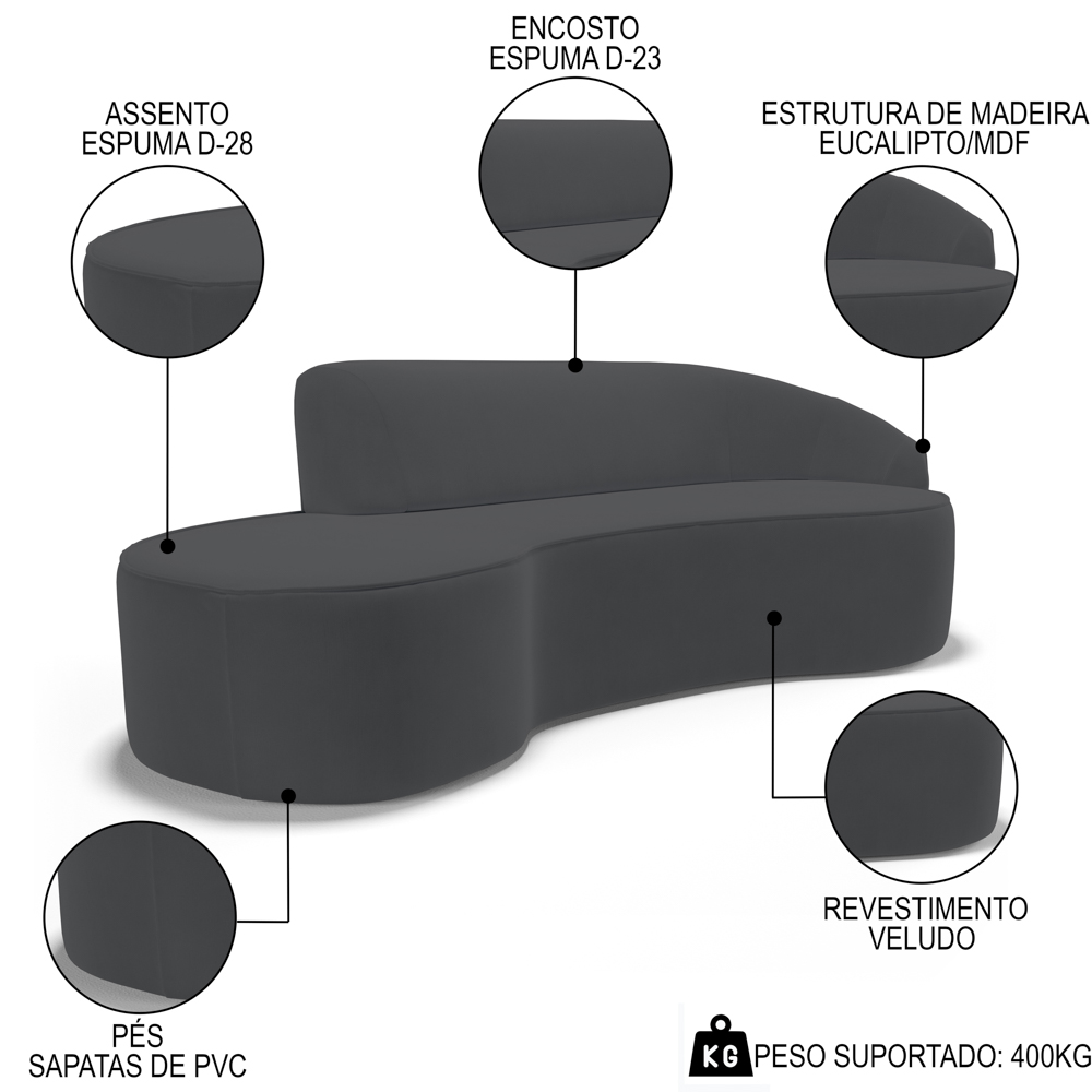 Sofá Living  4 Lugares 280cm Braço Direito Mozart D06 Veludo Cinza - Mpozenato
