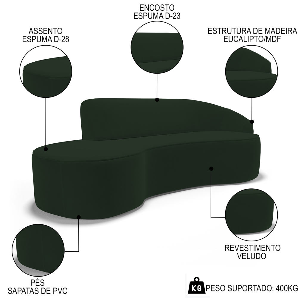 Sofá Living  4 Lugares 280cm Braço Direito Mozart D06 Veludo Verde - Mpozenato