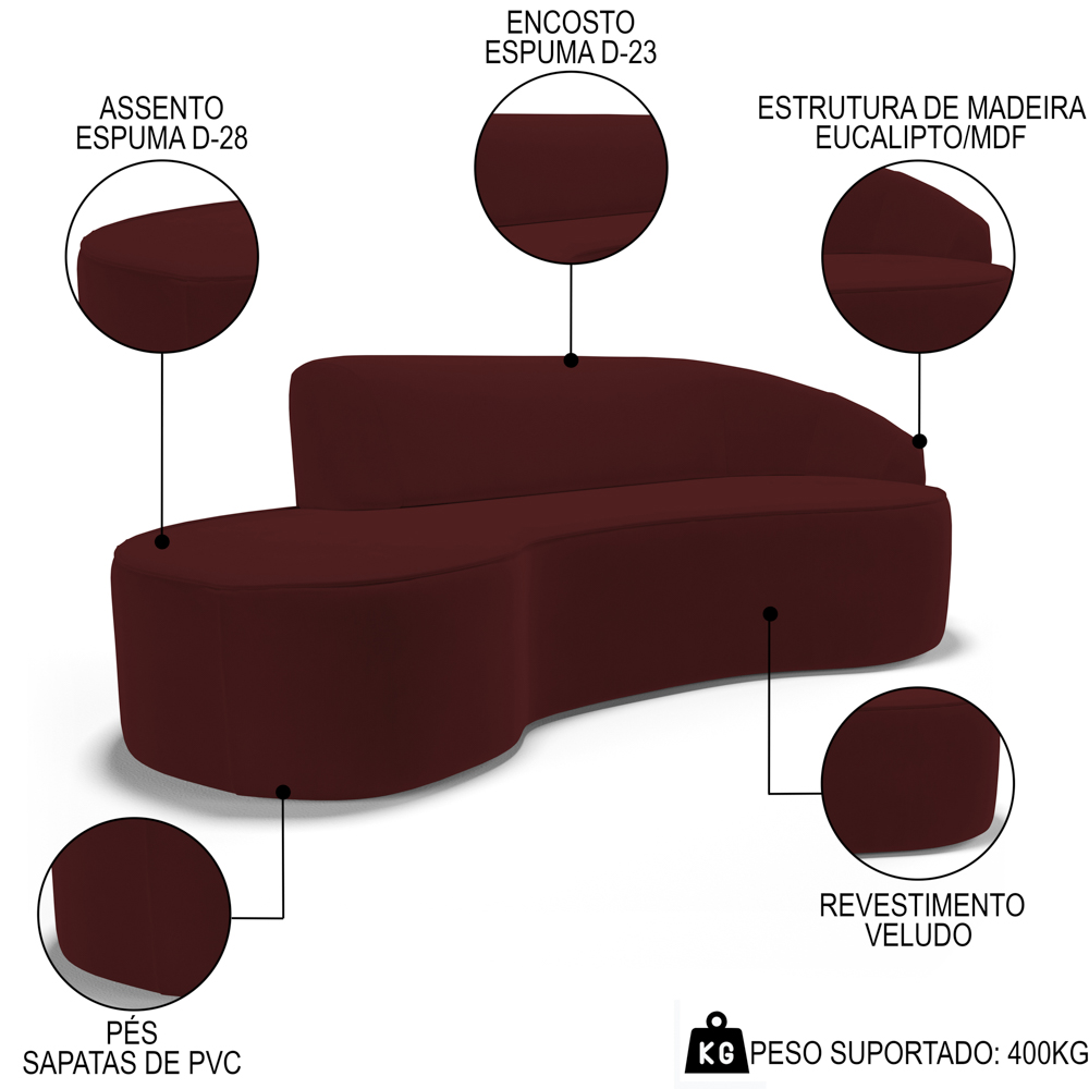 Sofá Living  4 Lugares 280cm Braço Direito Mozart D06 Veludo Vermelho - Mpozenato