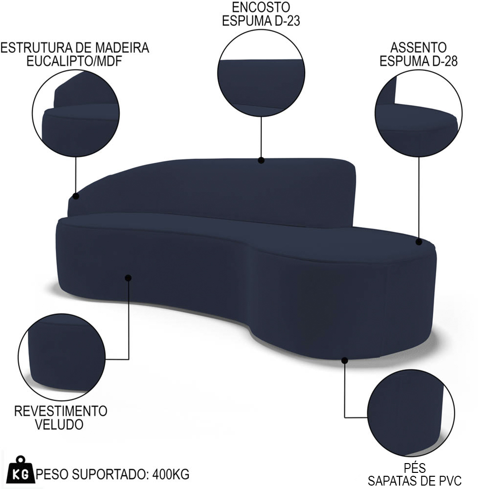 Sofá Living  4 Lugares 280cm Braço Esquerdo Mozart D06 Veludo Azul - Mpozenato